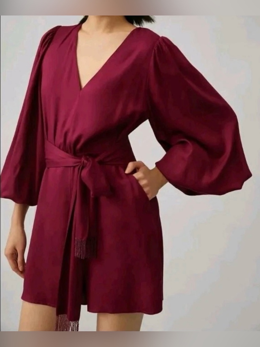 Farm Rio Anthropologie
Deep Berry Balloon Sleeve Fringe Tie Romper ZB15